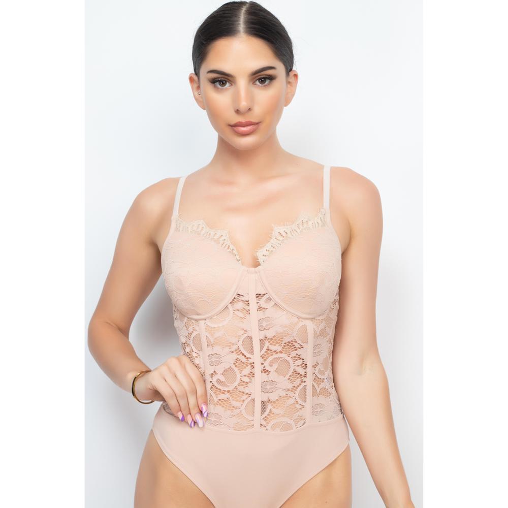 Semi-sheer Sweetheart Lace Bodysuit - Picture 1 of 8
